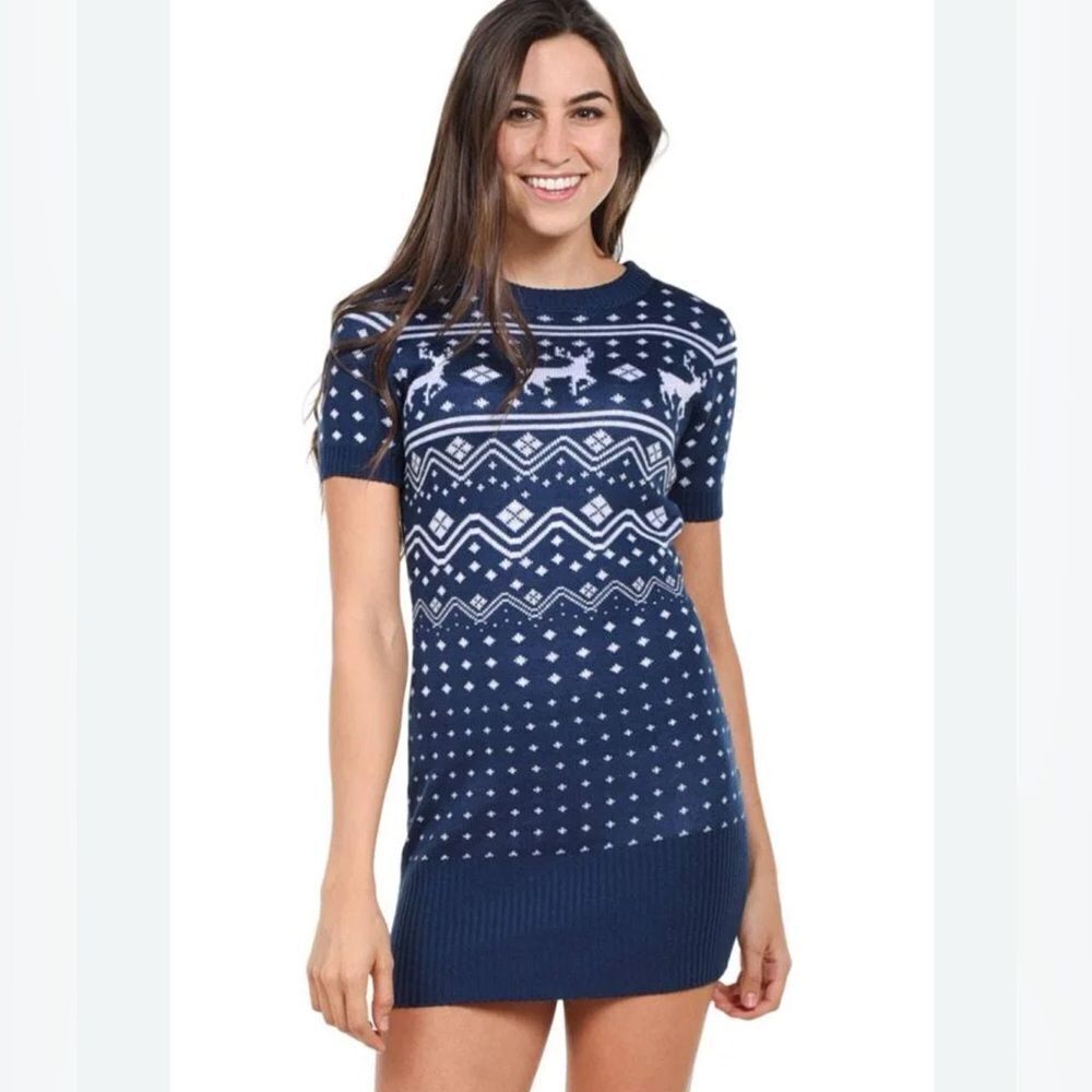 Tipsy elves women’s ugly Christmas sweater dress reindeer fair isle knit large‎